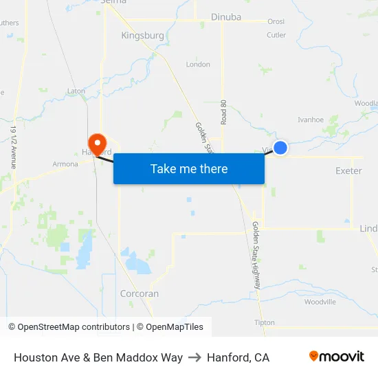Houston Ave & Ben Maddox Way to Hanford, CA map