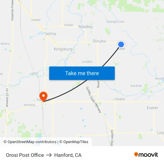 Orosi Post Office to Hanford, CA map