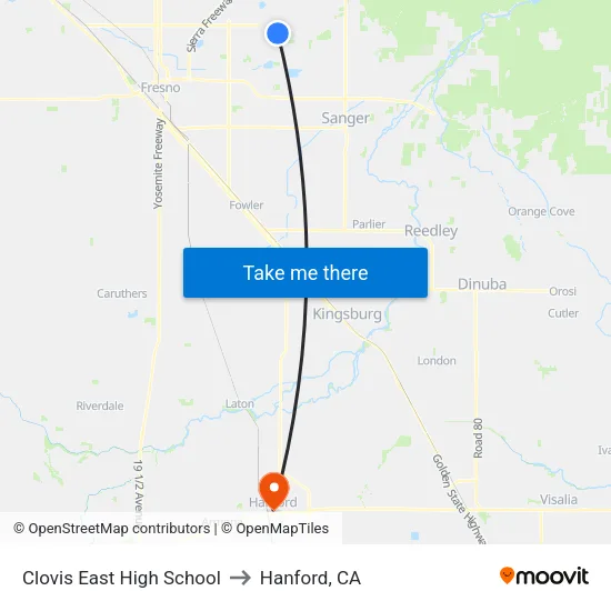 Clovis East High School to Hanford, CA map