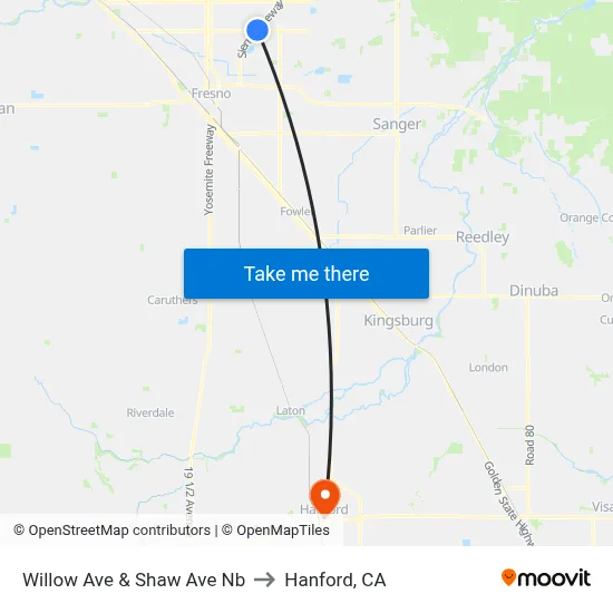 Willow Ave & Shaw Ave Nb to Hanford, CA map