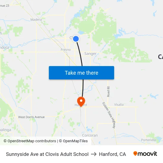Sunnyside Ave at Clovis Adult School to Hanford, CA map