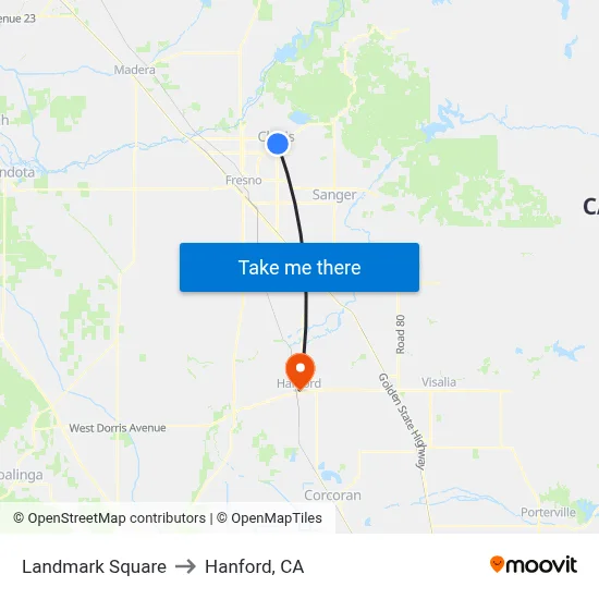 Landmark Square to Hanford, CA map
