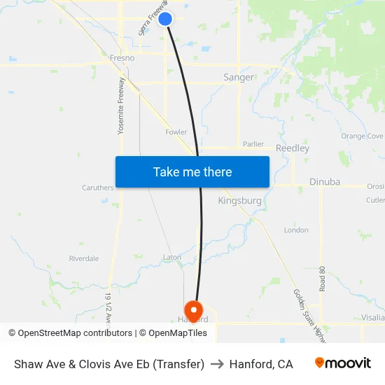 Shaw Ave & Clovis Ave Eb (Transfer) to Hanford, CA map