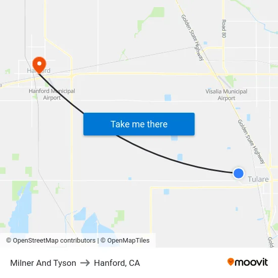 Milner And Tyson to Hanford, CA map