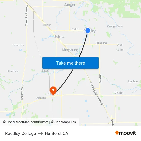 Reedley College to Hanford, CA map