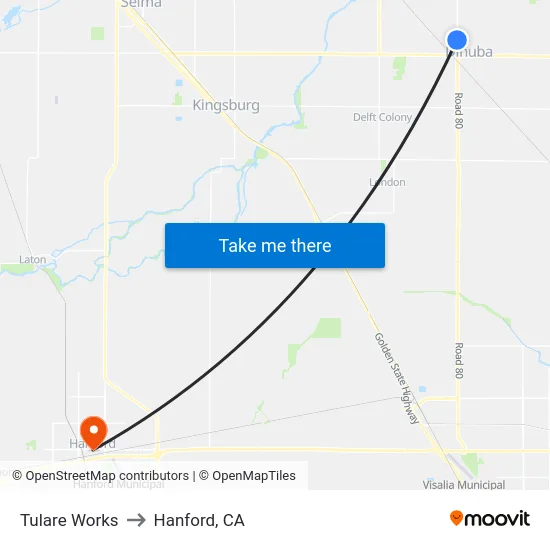 Tulare Works to Hanford, CA map