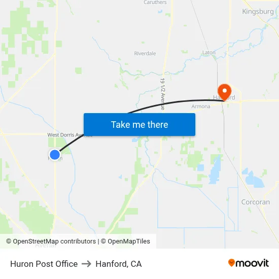 Huron Post Office to Hanford, CA map