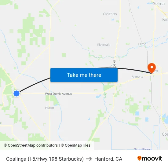 Coalinga (I-5/Hwy 198 Starbucks) to Hanford, CA map