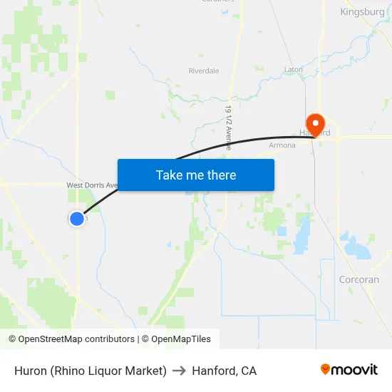 Huron (Rhino Liquor Market) to Hanford, CA map