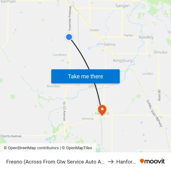 Fresno (Across From Glw Service Auto And Truck Repair) to Hanford, CA map