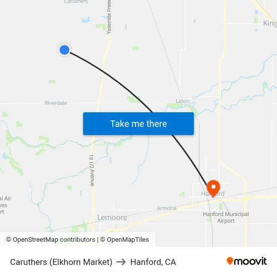 Caruthers (Elkhorn Market) to Hanford, CA map