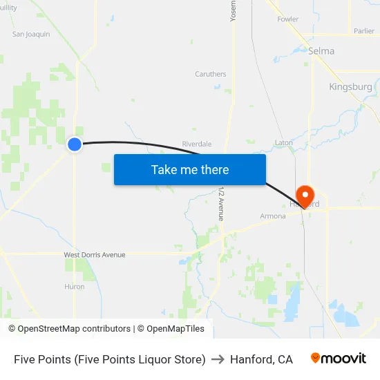 Five Points (Five Points Liquor Store) to Hanford, CA map