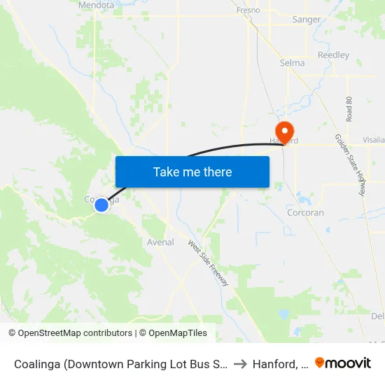 Coalinga (Downtown Parking Lot Bus Shelter) to Hanford, CA map