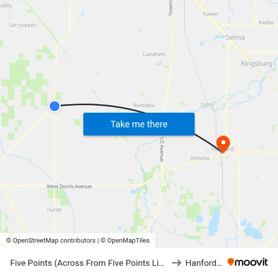 Five Points (Across From Five Points Liquor Store) to Hanford, CA map
