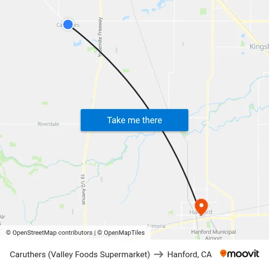 Caruthers (Valley Foods Supermarket) to Hanford, CA map