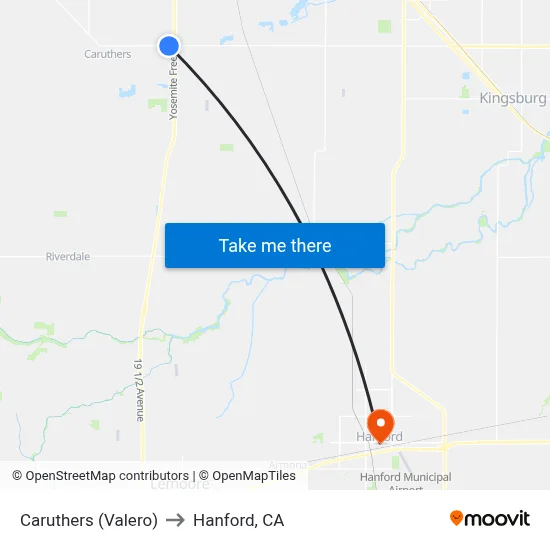 Caruthers (Valero) to Hanford, CA map