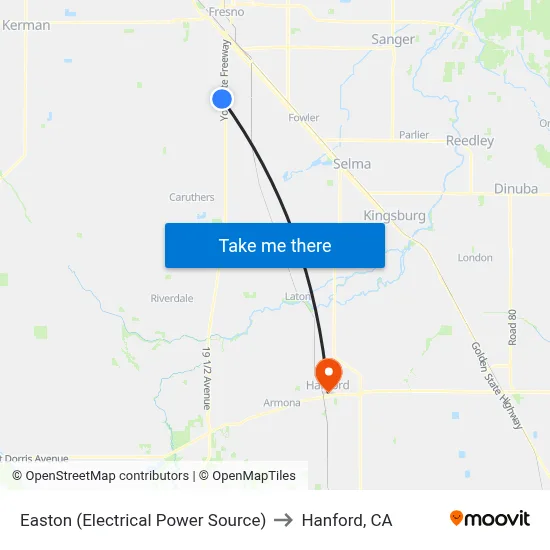 Easton (Electrical Power Source) to Hanford, CA map