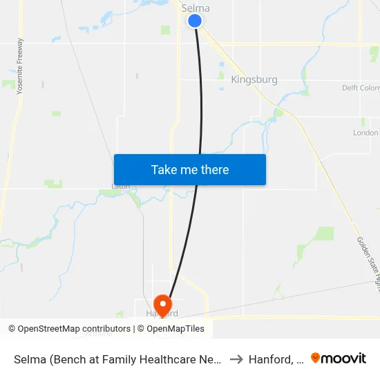 Selma (Bench at Family Healthcare Network) to Hanford, CA map