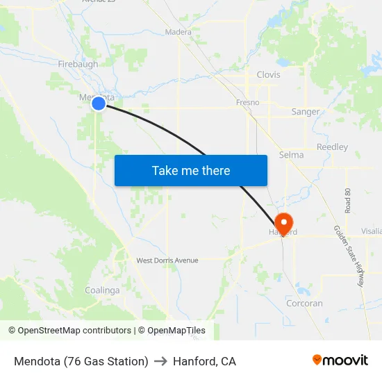 Mendota (76 Gas Station) to Hanford, CA map