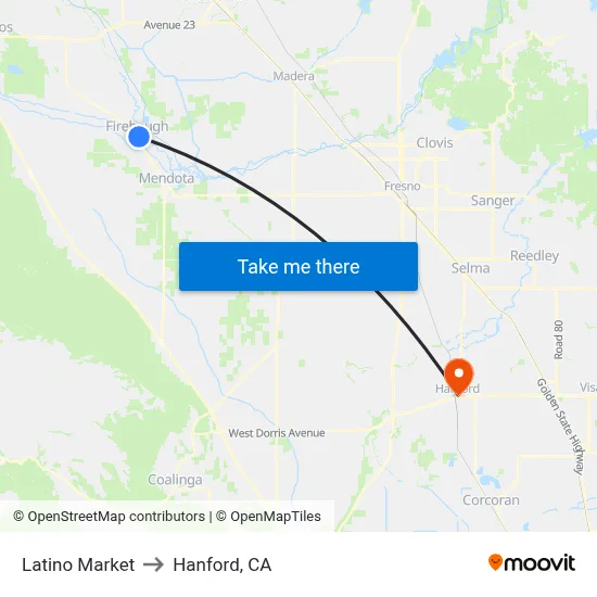Latino Market to Hanford, CA map