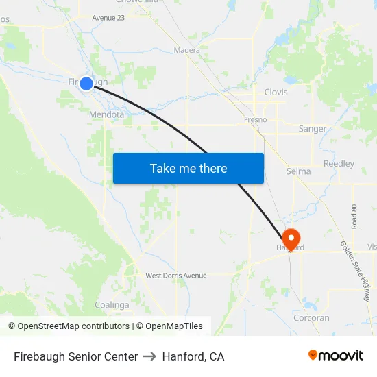 Firebaugh Senior Center to Hanford, CA map