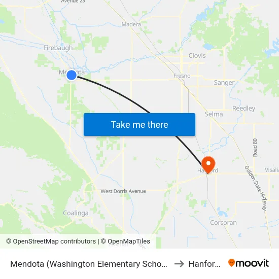 Mendota (Washington Elementary School Bus Shelter) to Hanford, CA map