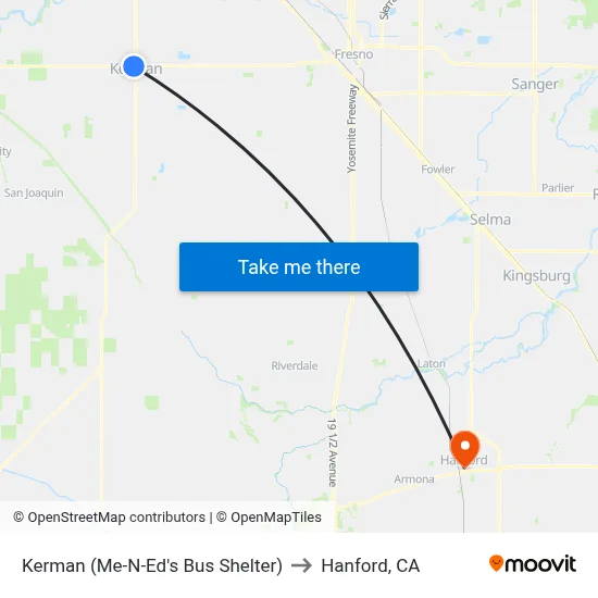 Kerman (Me-N-Ed's Bus Shelter) to Hanford, CA map