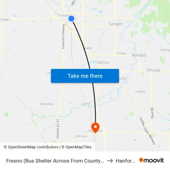 Fresno (Bus Shelter Across From County Social Services) to Hanford, CA map