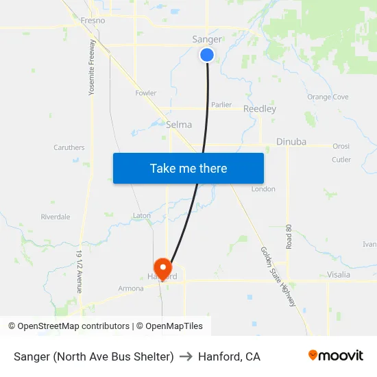 Sanger (North Ave Bus Shelter) to Hanford, CA map