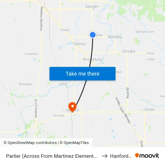 Parlier (Across From Martinez Elementary School) to Hanford, CA map