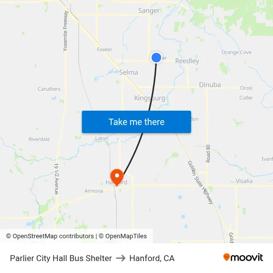 Parlier City Hall Bus Shelter to Hanford, CA map