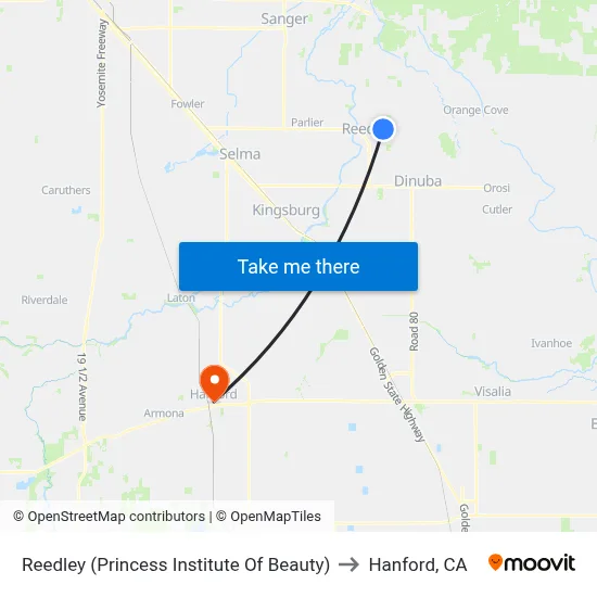 Reedley (Princess Institute Of Beauty) to Hanford, CA map