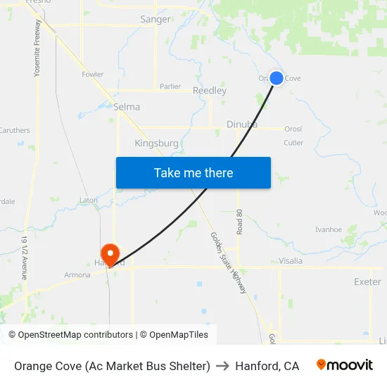 Orange Cove (Ac Market Bus Shelter) to Hanford, CA map