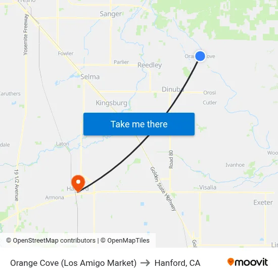 Orange Cove (Los Amigo Market) to Hanford, CA map
