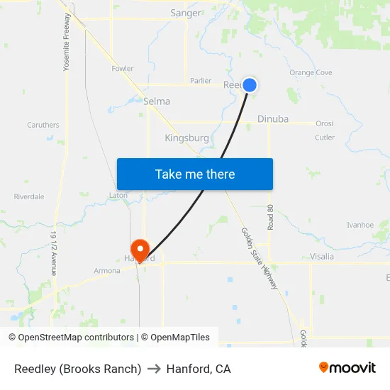 Reedley (Brooks Ranch) to Hanford, CA map