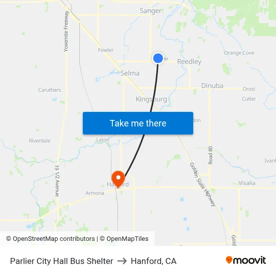Parlier City Hall Bus Shelter to Hanford, CA map