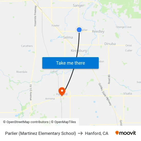 Parlier (Martinez Elementary School) to Hanford, CA map