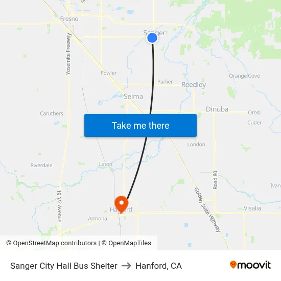 Sanger City Hall Bus Shelter to Hanford, CA map
