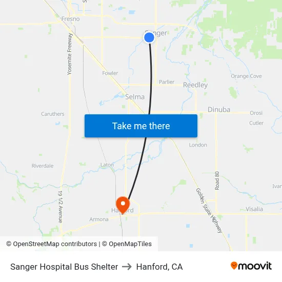 Sanger Hospital Bus Shelter to Hanford, CA map