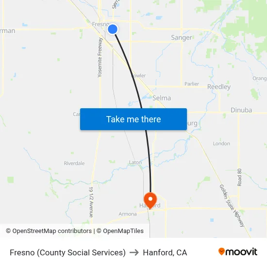 Fresno (County Social Services) to Hanford, CA map