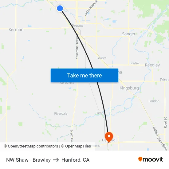 NW Shaw - Brawley to Hanford, CA map