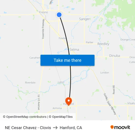 NE Cesar Chavez - Clovis to Hanford, CA map