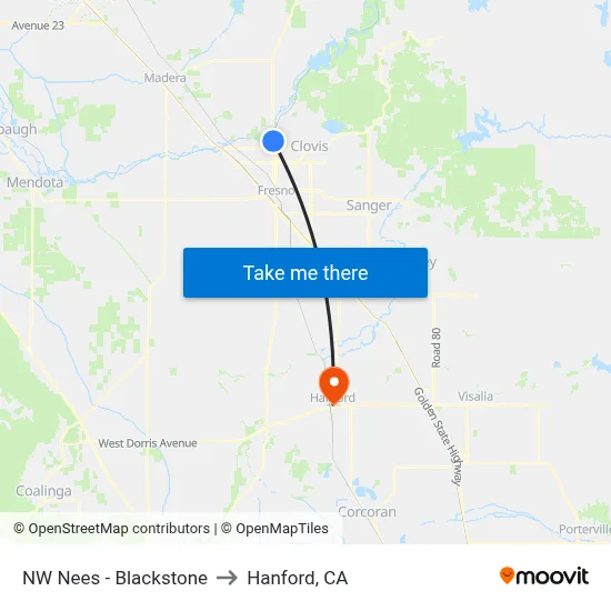 NW Nees - Blackstone to Hanford, CA map