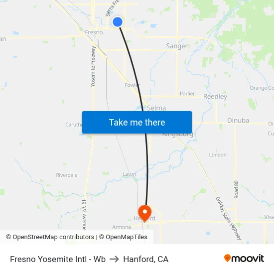Fresno Yosemite Intl - Wb to Hanford, CA map