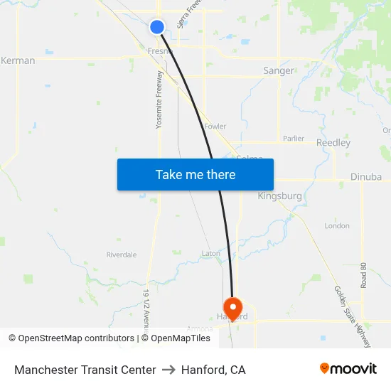 Manchester Transit Center to Hanford, CA map