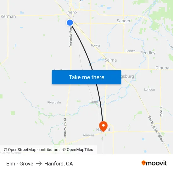Elm - Grove to Hanford, CA map