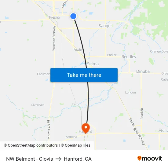 NW Belmont - Clovis to Hanford, CA map