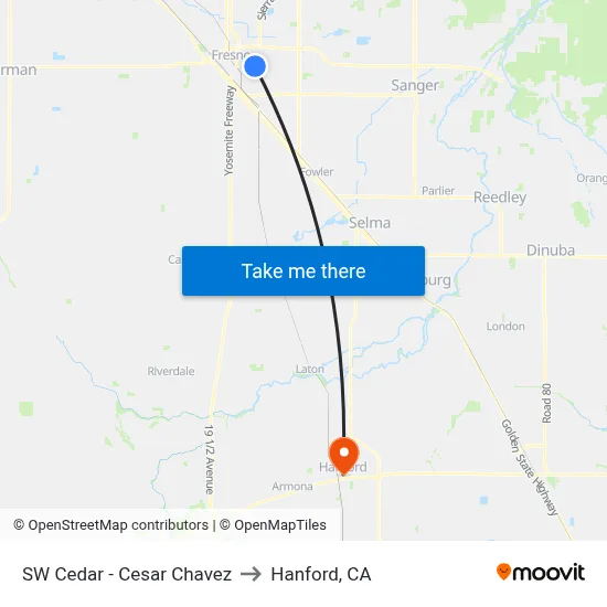 SW Cedar - Cesar Chavez to Hanford, CA map