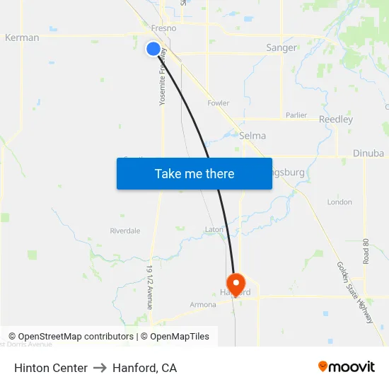 Hinton Center to Hanford, CA map