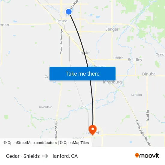 Cedar - Shields to Hanford, CA map